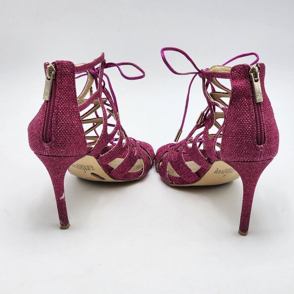 Belle Badgley Mischka Zandra Lace Up Strappy Pink Glitter Heels Size 7 - Picture 5 of 9